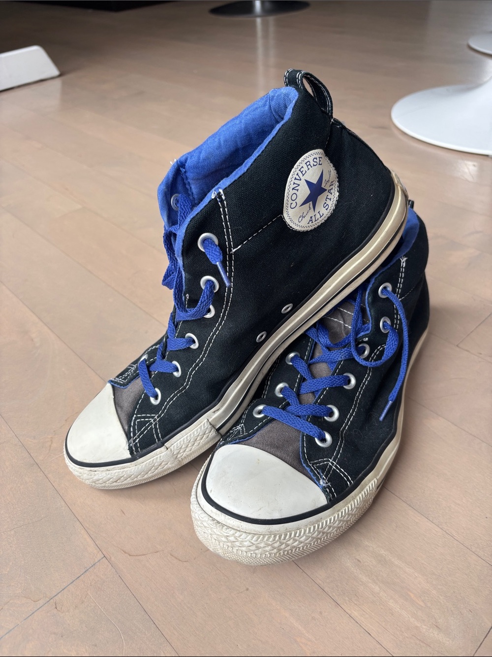 Converse Black High Top Sneakers with Blue Lining and Laces